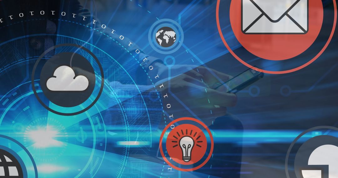 Man Engaging with Digital Network Icons on Smartphone