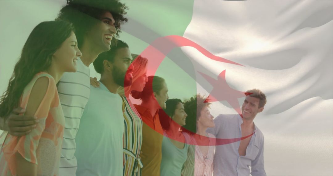 Diverse Group Celebrating Unity Against Flag Backdrop
