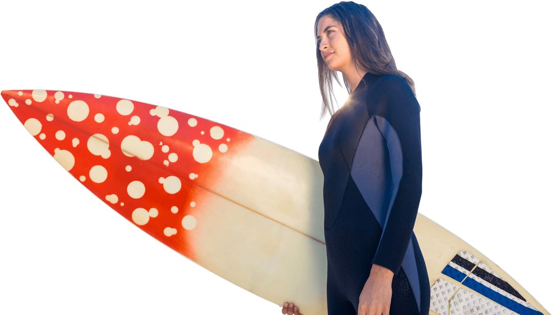 Caucasian Woman with Surfboard on Transparent Background