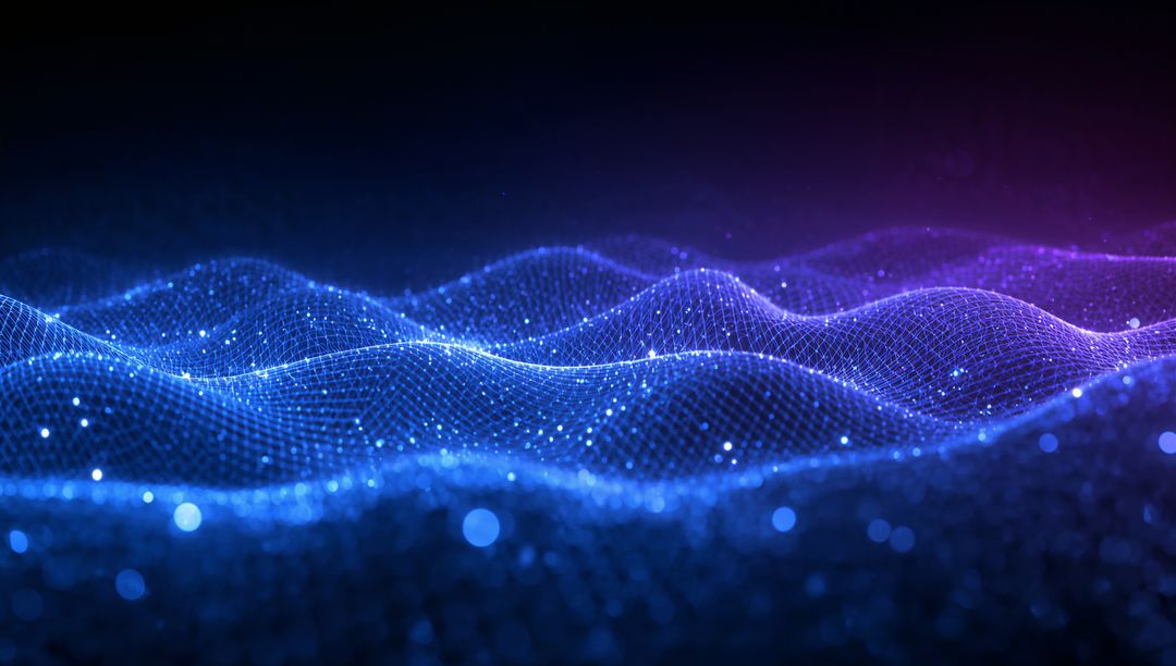 Flowing Neon Wireframe Wave with Glowing Particles and Futuristic Blue-Purple Gradient