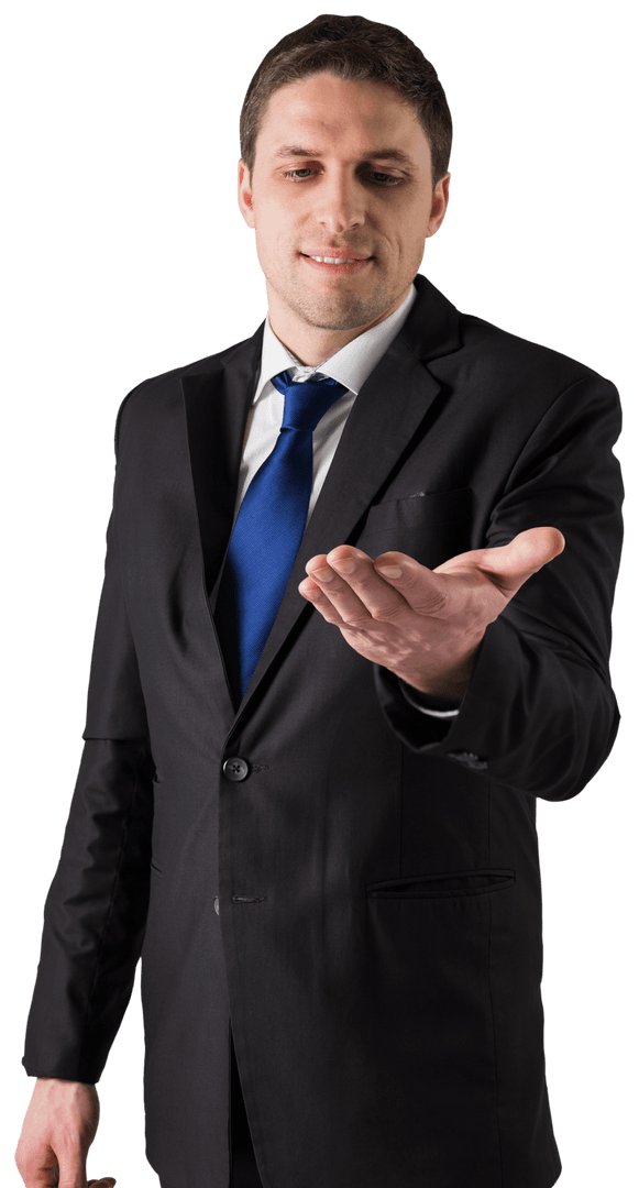 Smiling Businessman in Suit Holding Out Transparent Hand
