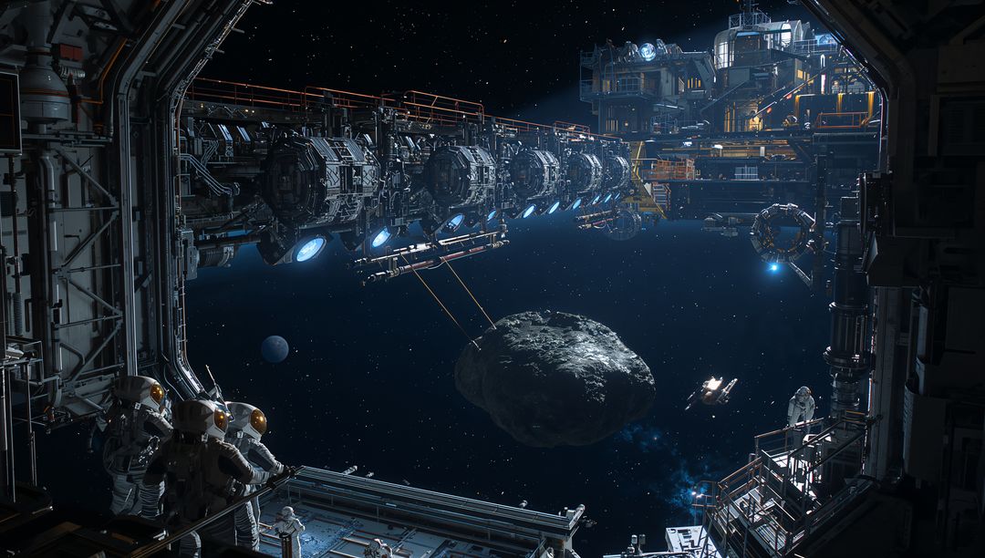 Modular Orbital Mining Station Tethering Asteroid with EVA Crew and Docking Platforms