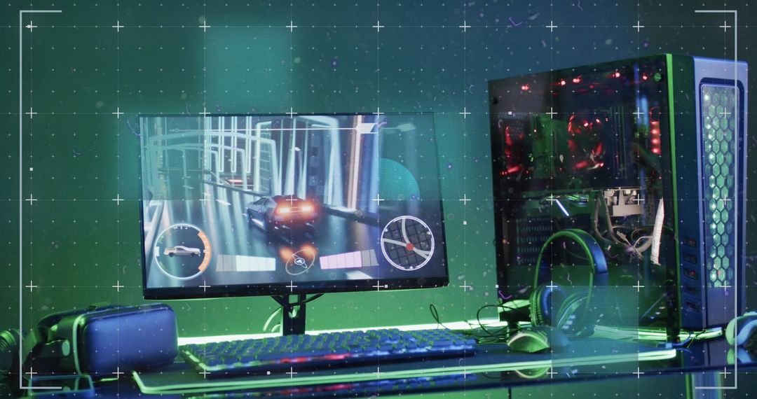 High-Tech Gaming Setup with Digital Data Overlay