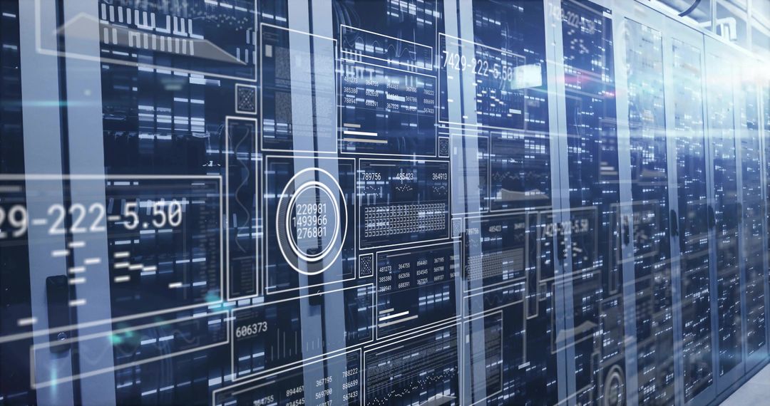 Futuristic Data Overlays and LED-lit Server Racks in a Modern Data Center