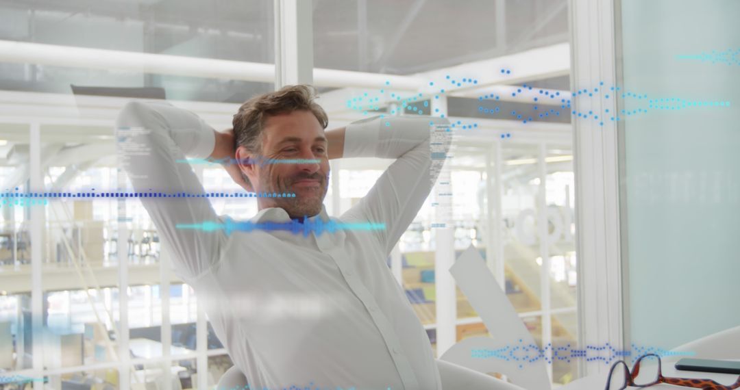 Confident Businessman Relaxing in Modern Office with Data Visualization Overlay - Free Images, Stock Photos and Pictures on Pikwizard.com