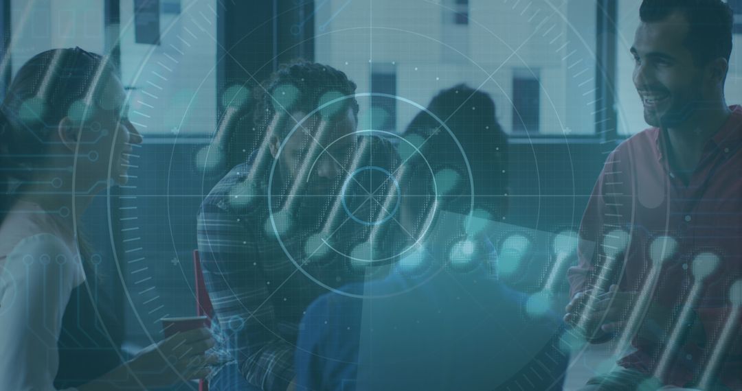 Futuristic Interface Overlaid on Diverse Team Discussing Innovation