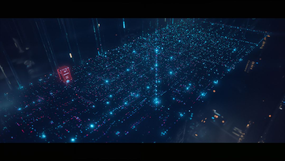 Holographic Grid with Future Tech Nodes and Red Monolith