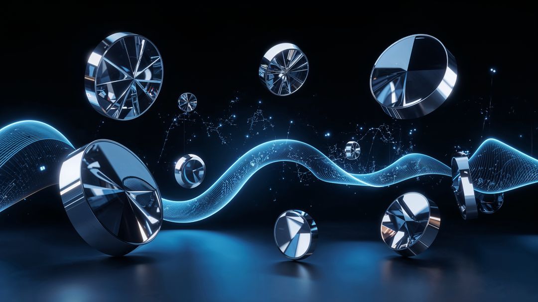 Futuristic Abstract with Floating Metal Discs and Neon Wave