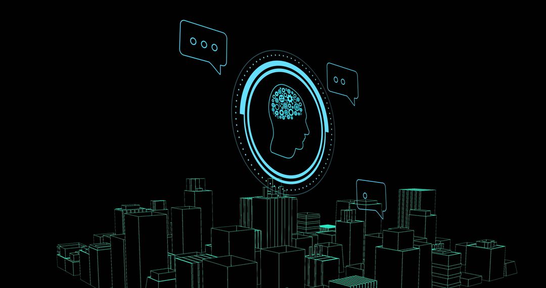 AI Brain Icon Over Digital Cityscape Symbolizing Innovation