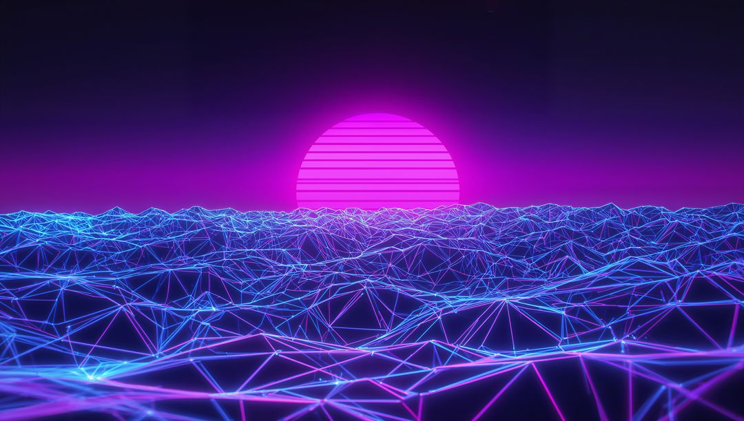 Synthwave Neon Landscape with Digital Wireframe and Rising Sun