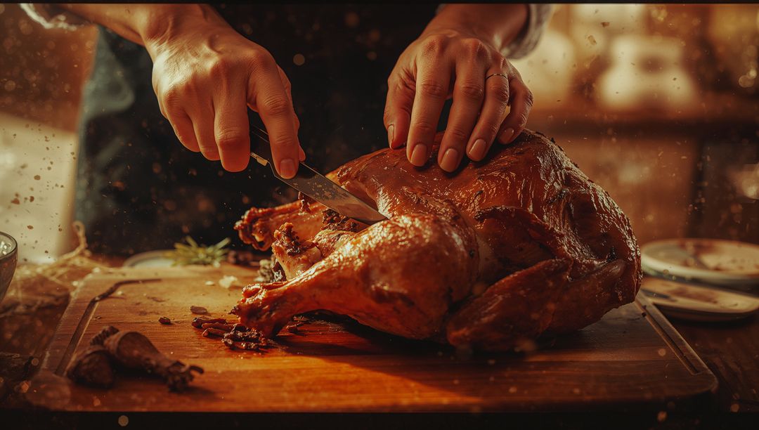 Chef Carving Golden Roasted Turkey with Rustic Warmth