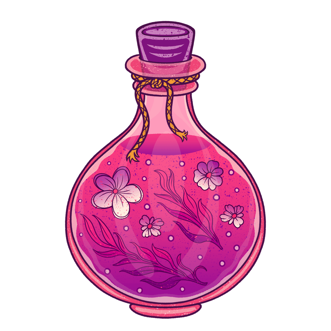 Pink-Purple Magic Potion Flask with Floating Flower Motifs Transparent