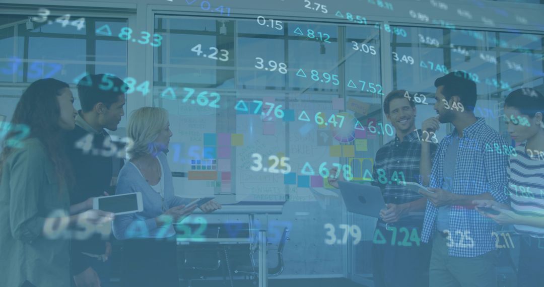 Team Engaging in Brainstorming with Modern Technology and Data Overlay