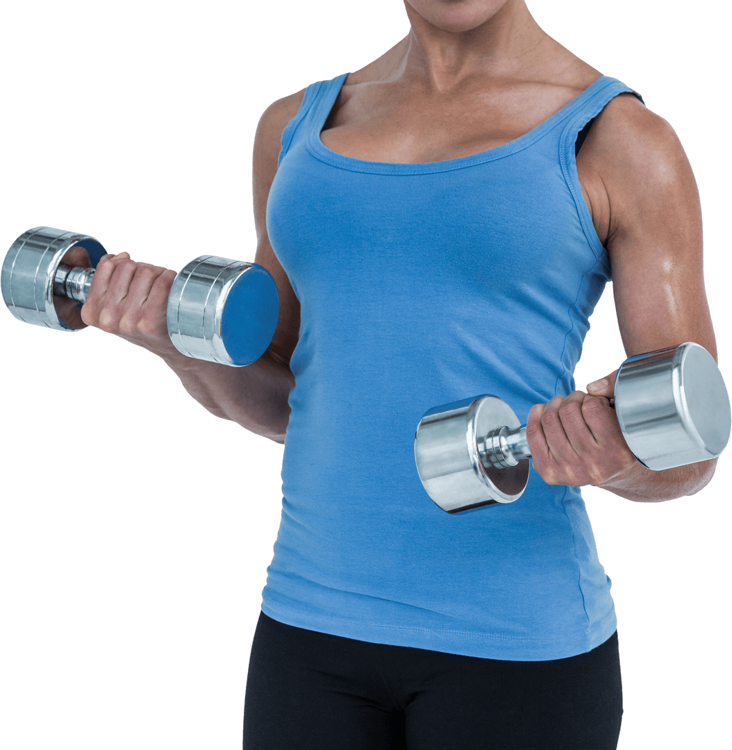Transparent Fit Woman Exercising with Dumbbells Focused on Strength