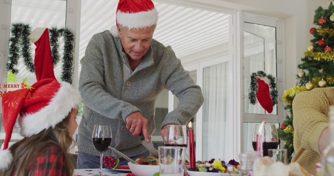 Senior Man Carving Roast at Christmas Family Gathering in Festive Setting