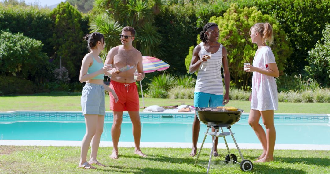 Friends Enjoying Poolside BBQ on a Sunny Day