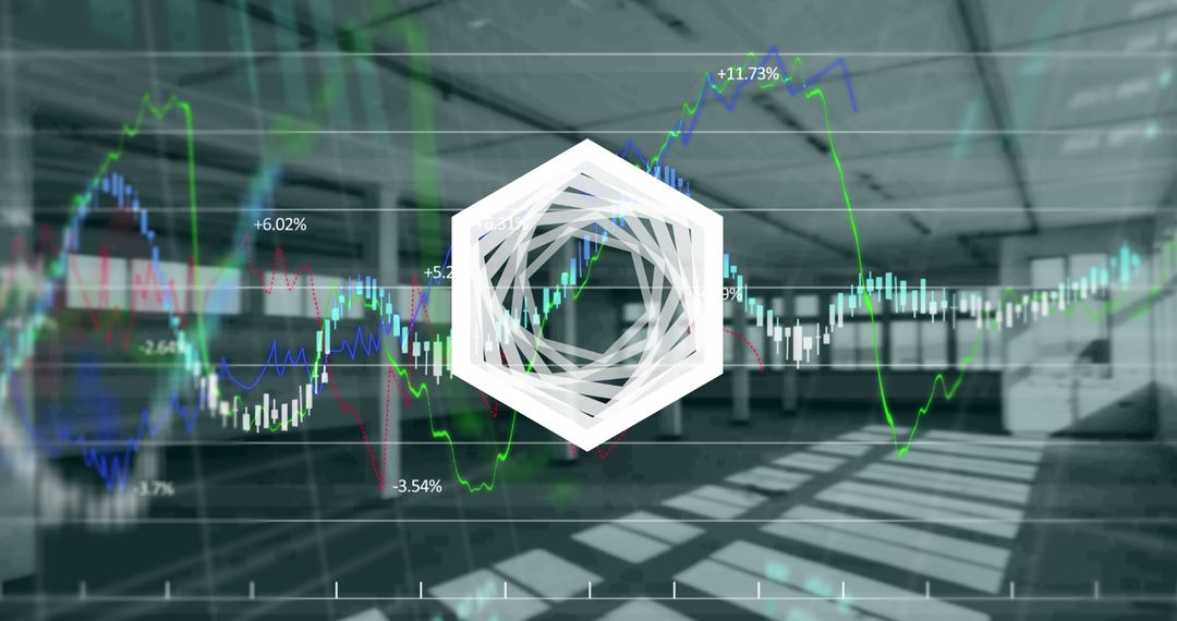 Hexagonal Design Overlaid on Stock Market Visualization