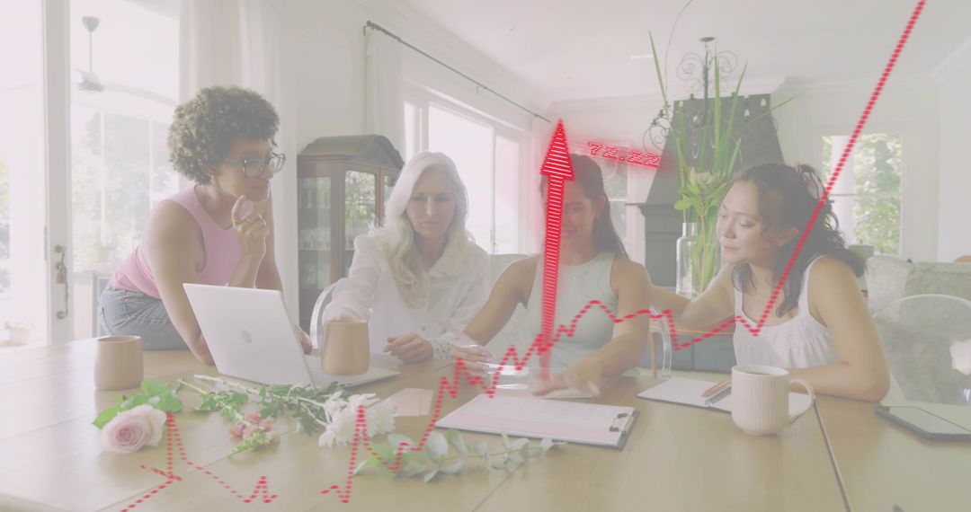 Women Collaborating Around Table with Laptop and Documents, Strategic Growth Chart Overlay