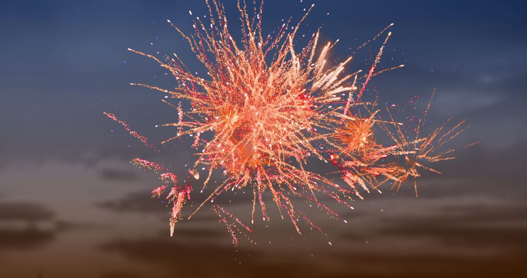 Explosive Red Fireworks Display During Dramatic Sunset Sky