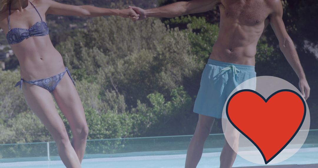 Couple Holding Hands by Pool with Heart Icon Overlay