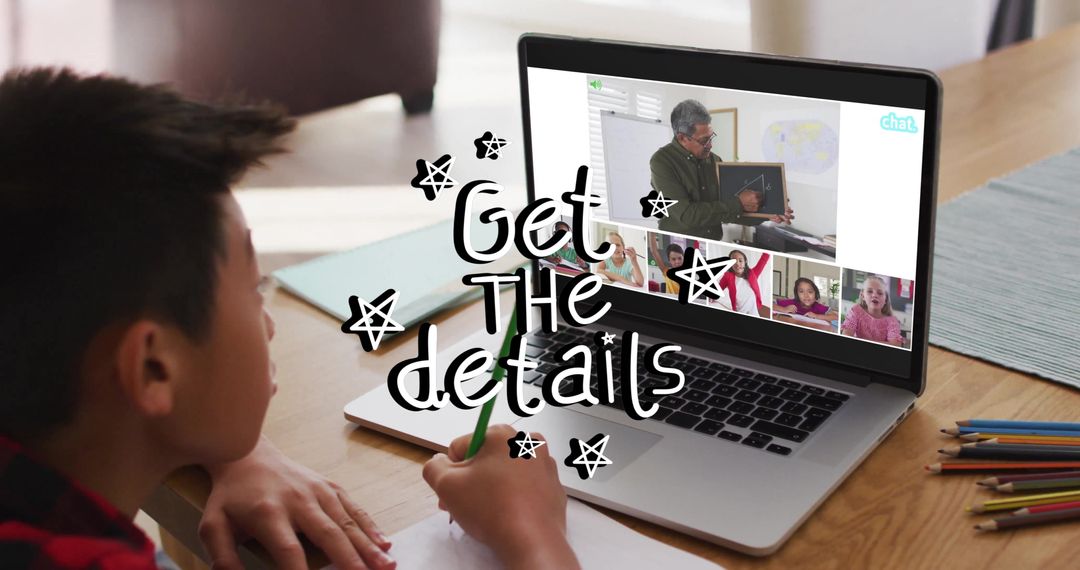 Boy Engaged in Virtual Drawing Class via Laptop at Home