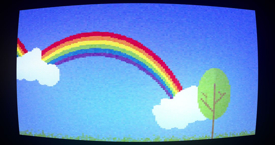 Retro Pixelated Rainbow with Glitch on Blue Background
