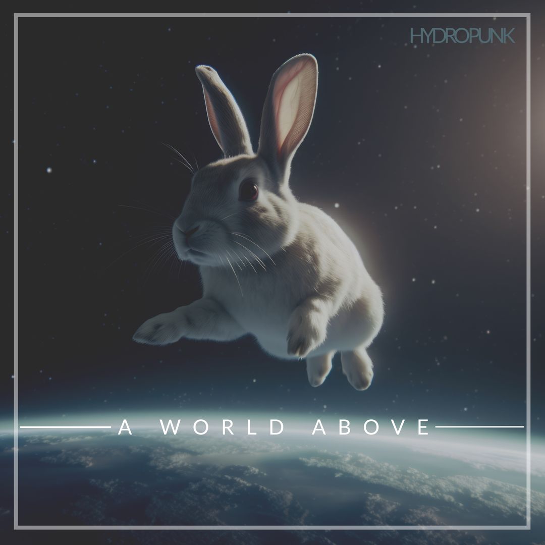 Floating rabbit in space surreal cd cover design