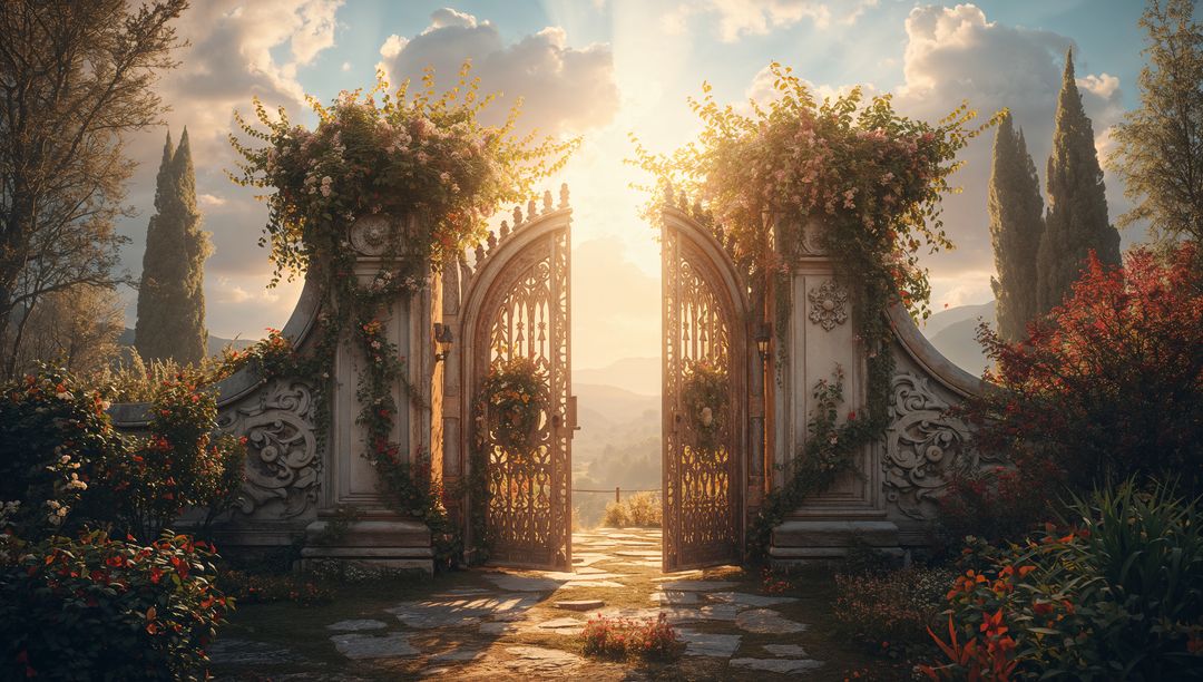 Enchanting Garden Gates with Sunlit Pathway and Blossoming Vines