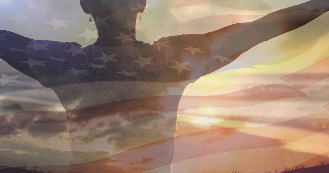 Overlay of USA Flag on Senior Woman Embracing Freedom at Sunset