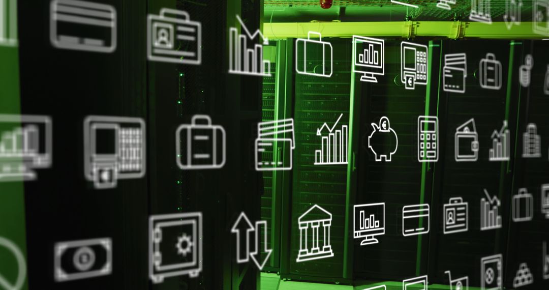 Futuristic Data Network Icons Overlaying Server Room