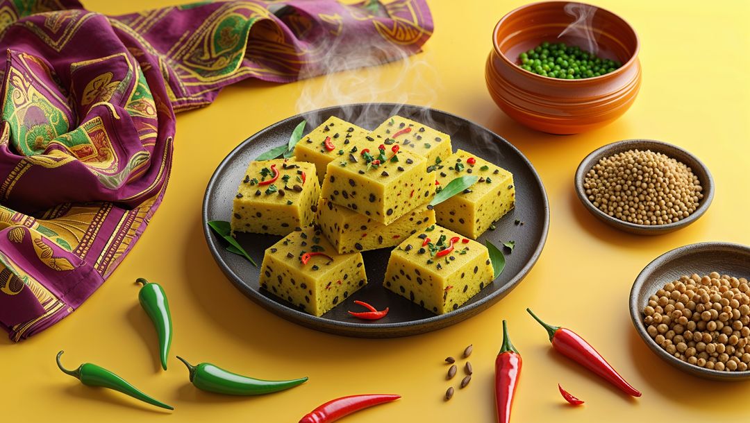 Steaming Dhokla with Chili and Spices on Vibrant Tabletop