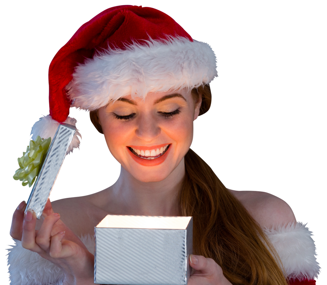 Smiling Woman in Santa Hat Opening Glittering Holiday Gift, Transparent Background - Download Free Stock Images Pikwizard.com