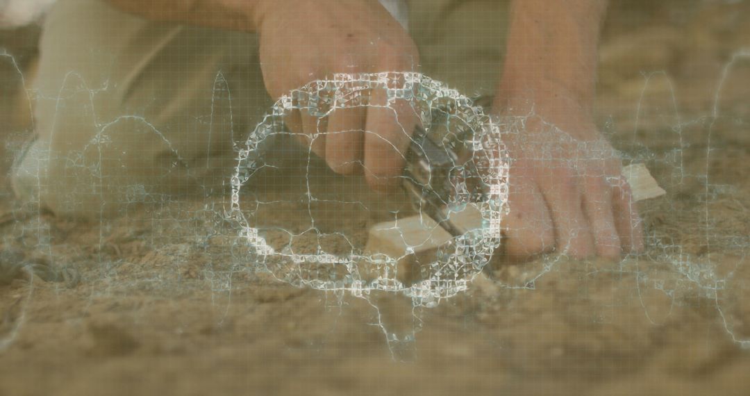 Hands Carving Earth's Surface with Grid Technology Overlay