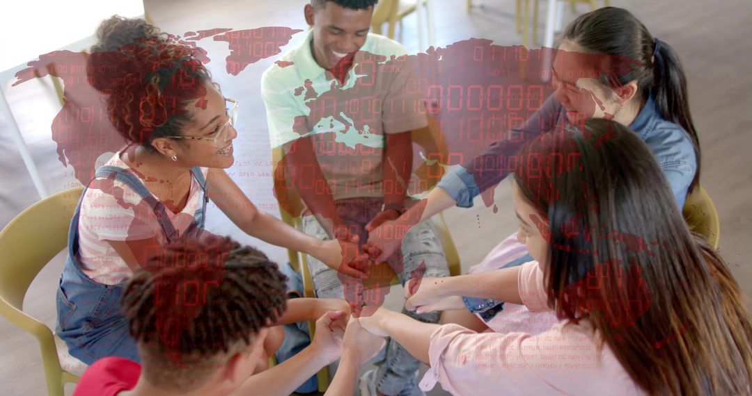 Young Diverse Students Forming Fist Bump Circle with Digital World Map Overlay Teamwork