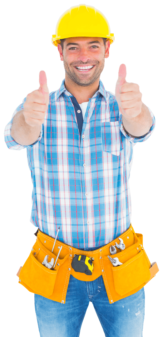 Transparent Background of Cheerful Repairman Double Thumbs Up Gesture