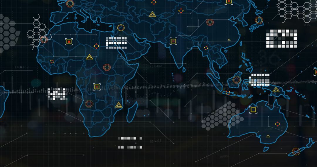 Data analysis overlay on world map representing global connectivity