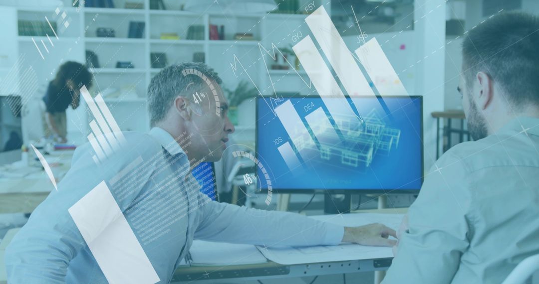 Engineers collaborating over CAD model on widescreen monitor in open-plan office