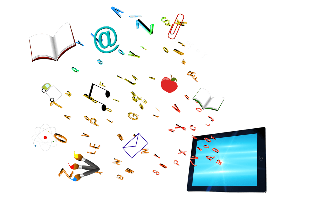 Creative Digital Symbols Flowing from Tablet on Transparent Background