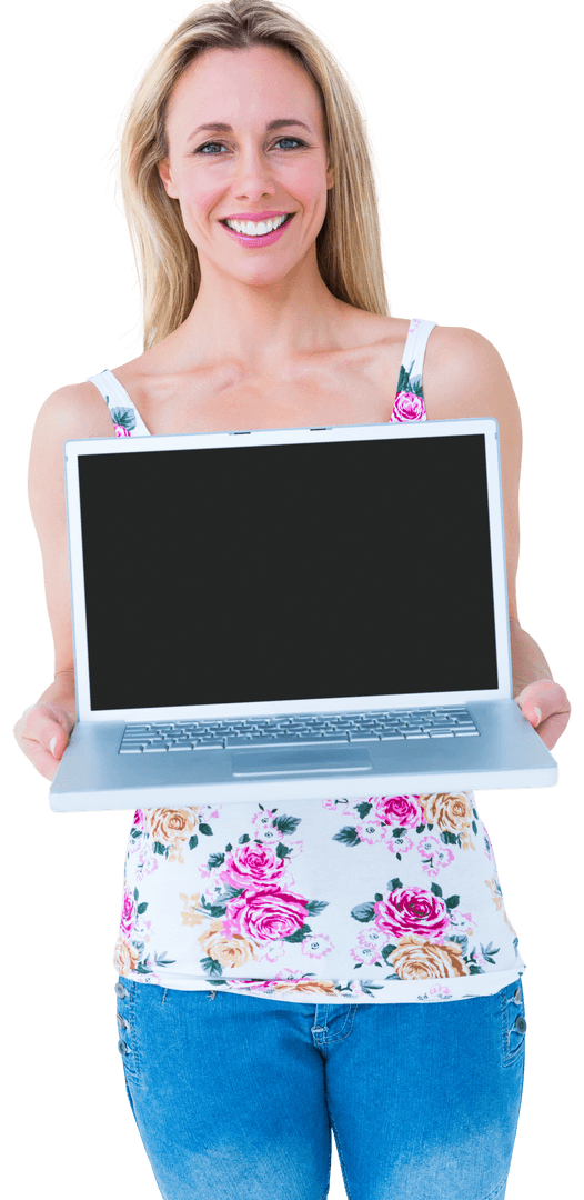 Smiling Woman Portrait with Transparent Background Presenting Laptop Computer - Download Free Stock Images Pikwizard.com