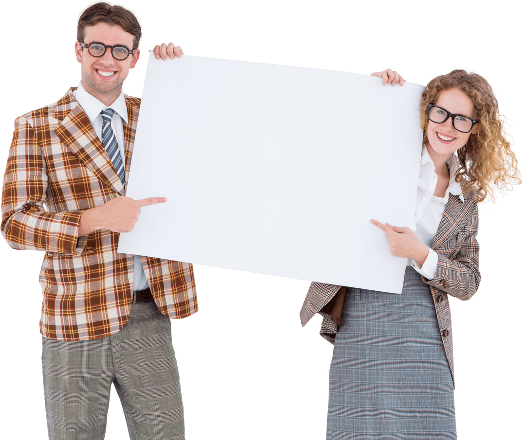 Geeky Couple Pointing at Blank Poster Transparent Background