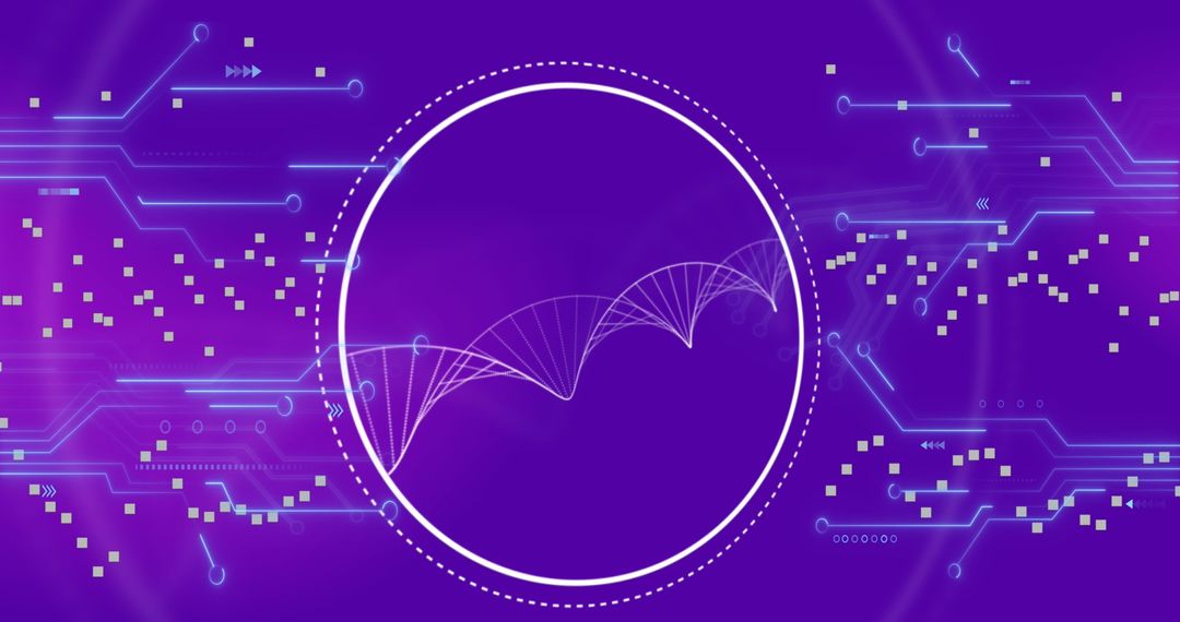 Spinning DNA Structure with Microprocessor Connections on Purple Background
