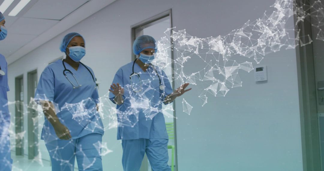 Nurses walking hospital corridor with AR network overlay representing digital healthcare