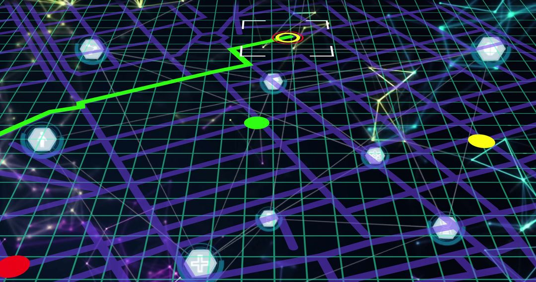 Digital GPS Navigation Map with Glowing Neon Hex Icons