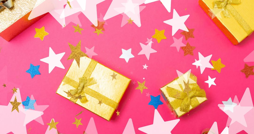 Festive Gift Boxes with Falling Stars on Bold Pink Background