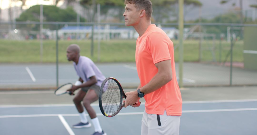 Two Men Playing Tennis Outdoors Focused and Ready - Free Images, Stock Photos and Pictures on Pikwizard.com