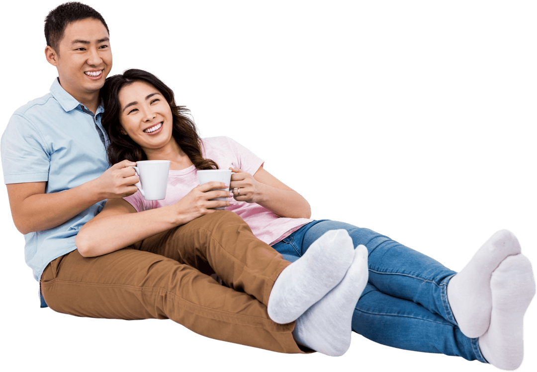 Smiling Couple Relaxing at Home with Coffee on Transparent Background