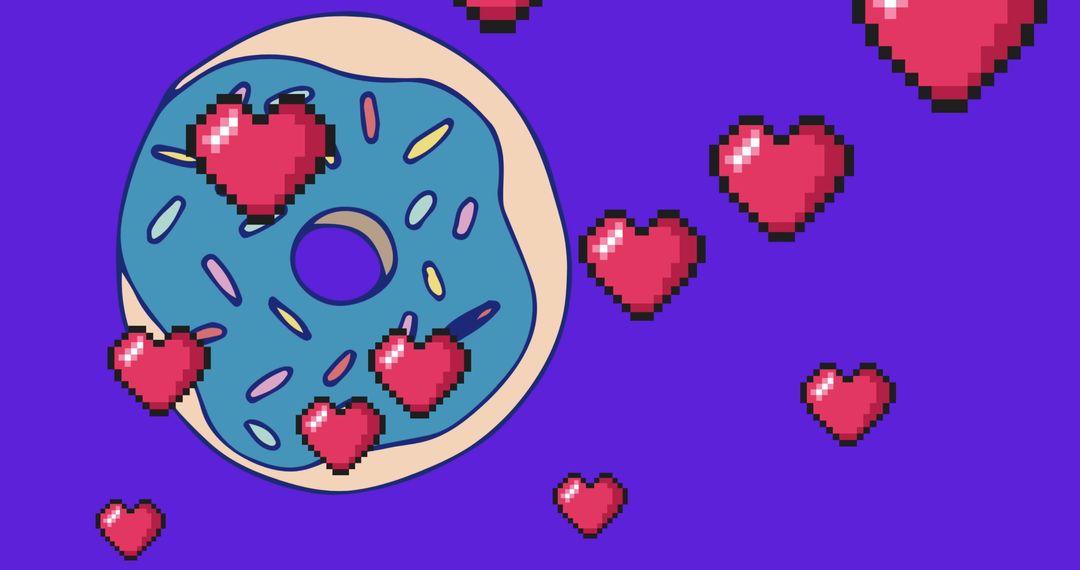 Pixelated Heart Icons Surrounding Donut with Sprinkles