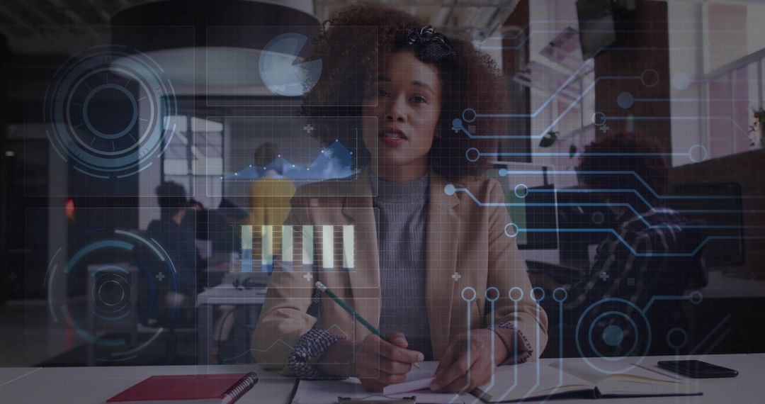 Black woman presenting virtual analytics in modern open office with holographic UI overlay