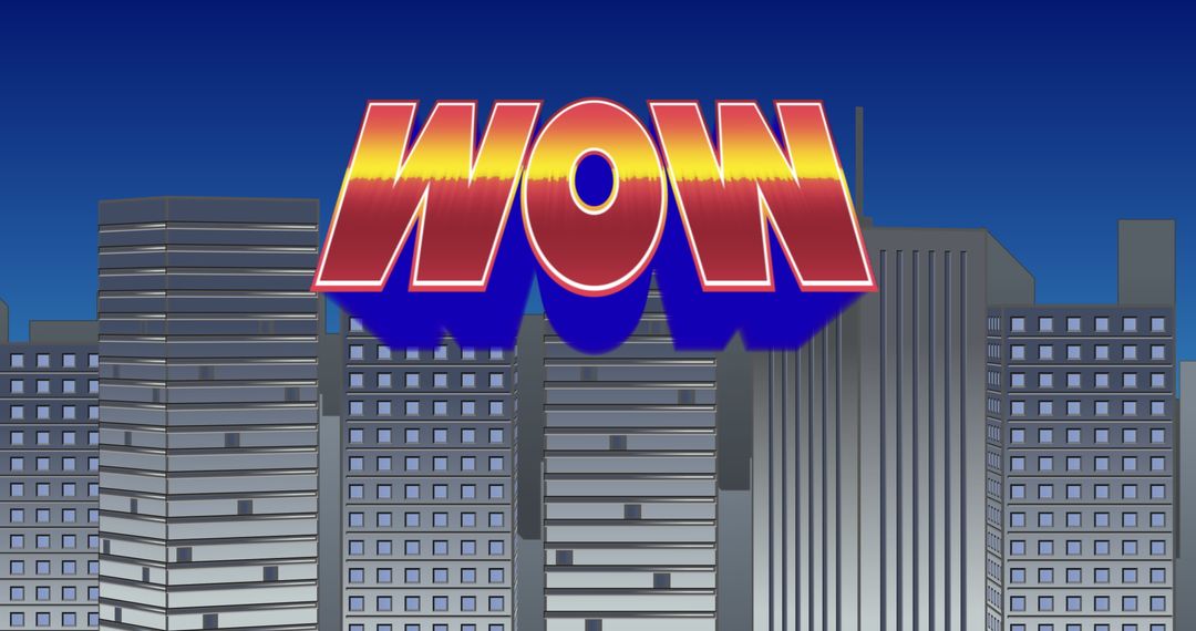 Vibrant Cartoon WOW Sign over Urban Skyscraper Backdrop