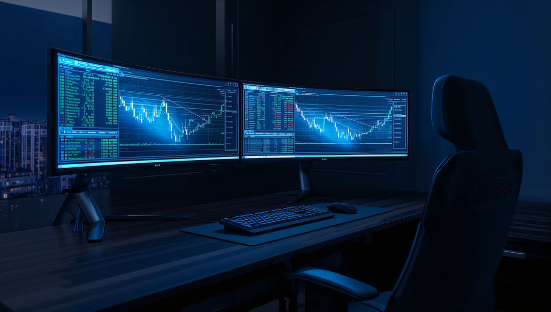 Modern Finance Workspace with Dual Monitors and Digital Charts